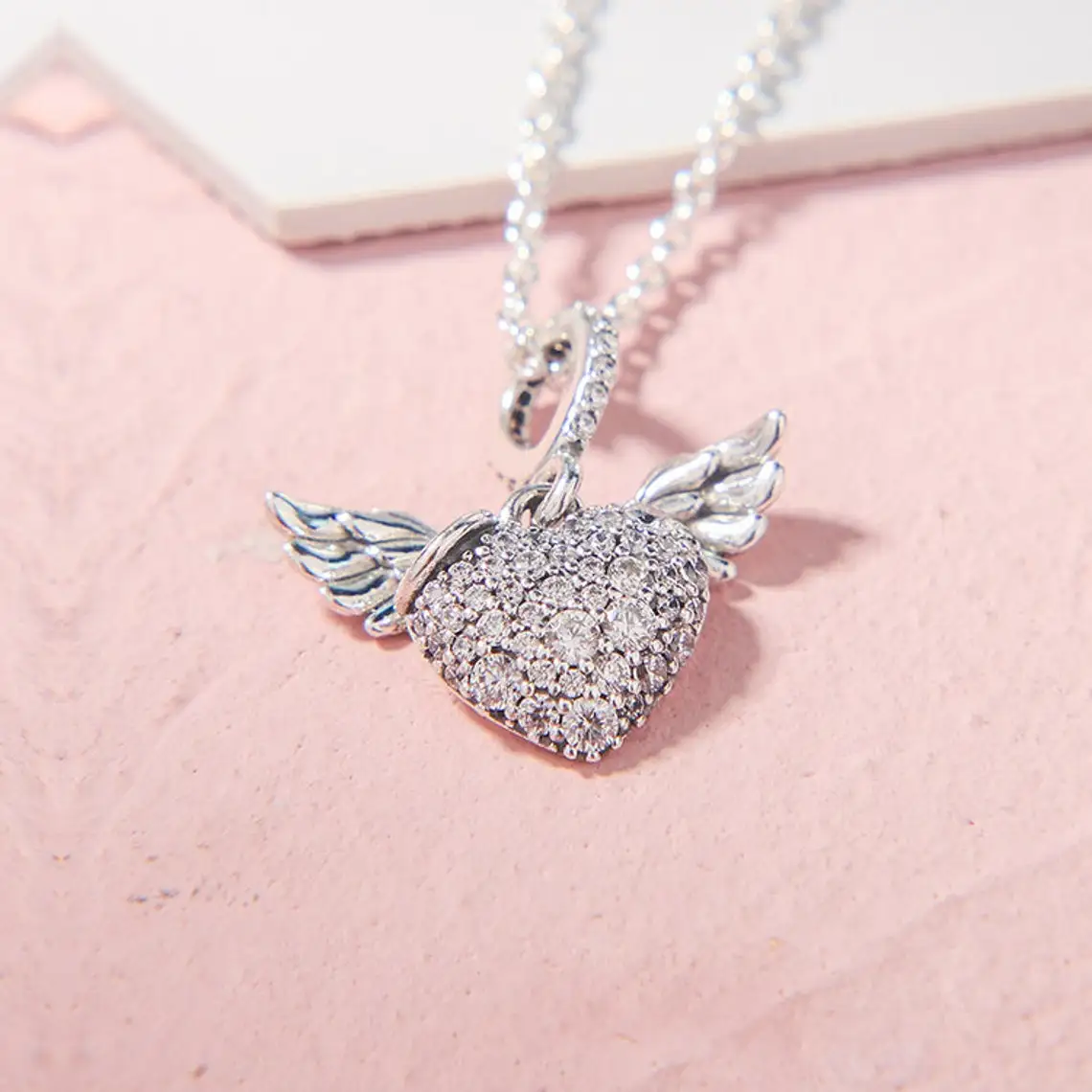 925 Sterling Silver Pavé Heart & Angel Wings Fashion Pendant Necklace