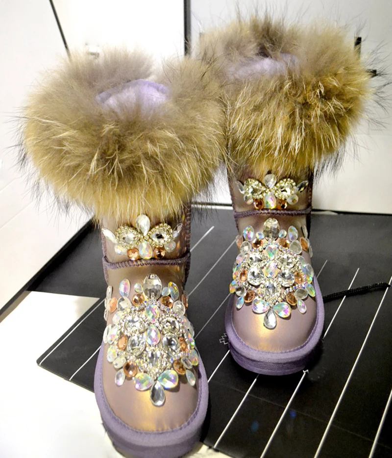 Luxury Real Fox Fur Rhinestone Beads Snow Boots Woman Gold Purple Leather Plush Inside Winter Boots Thick Sole Women Warm Shoes