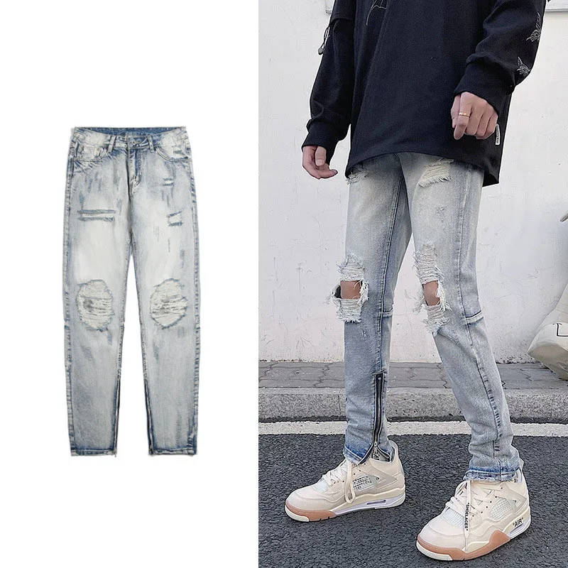 Idopy Cool Hi-street Mens Hip Hop Skinny Denim Pants Destroyed Distressed Ripped Jeans With Holes Side Zippers For Male