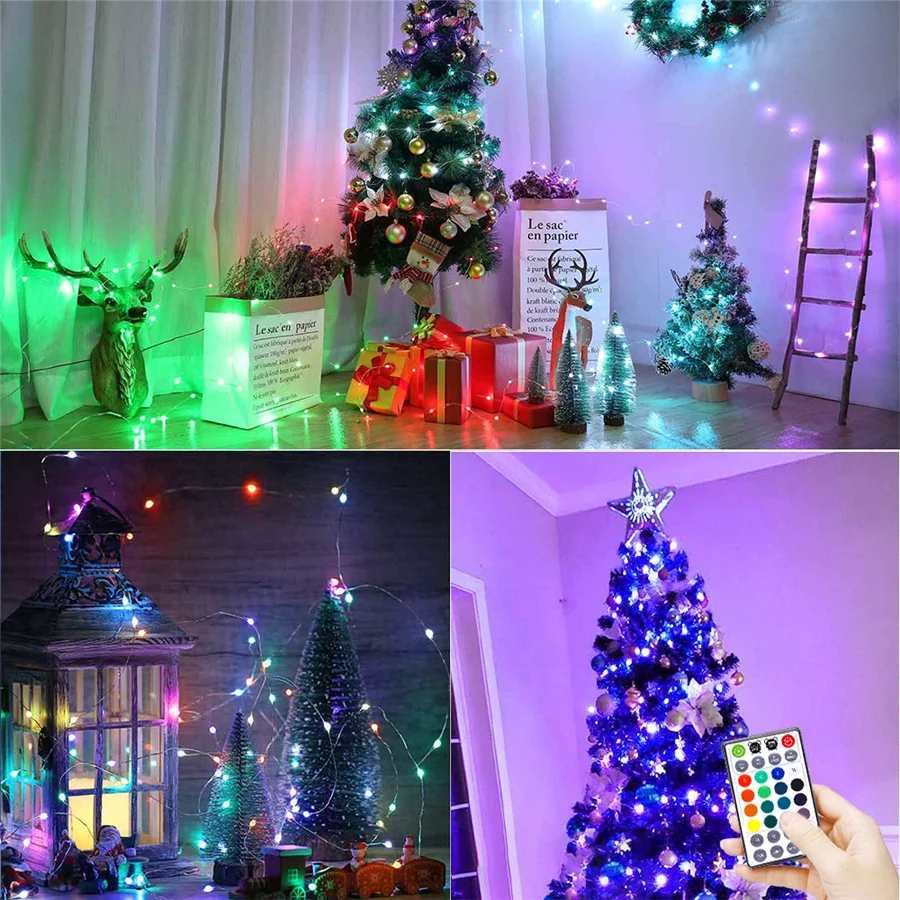 RGB LED Copper Wire Christmas Tree String Light 20M USB Remote Control Fairy Garden Lights for 2022 New Year Party Wedding Decor