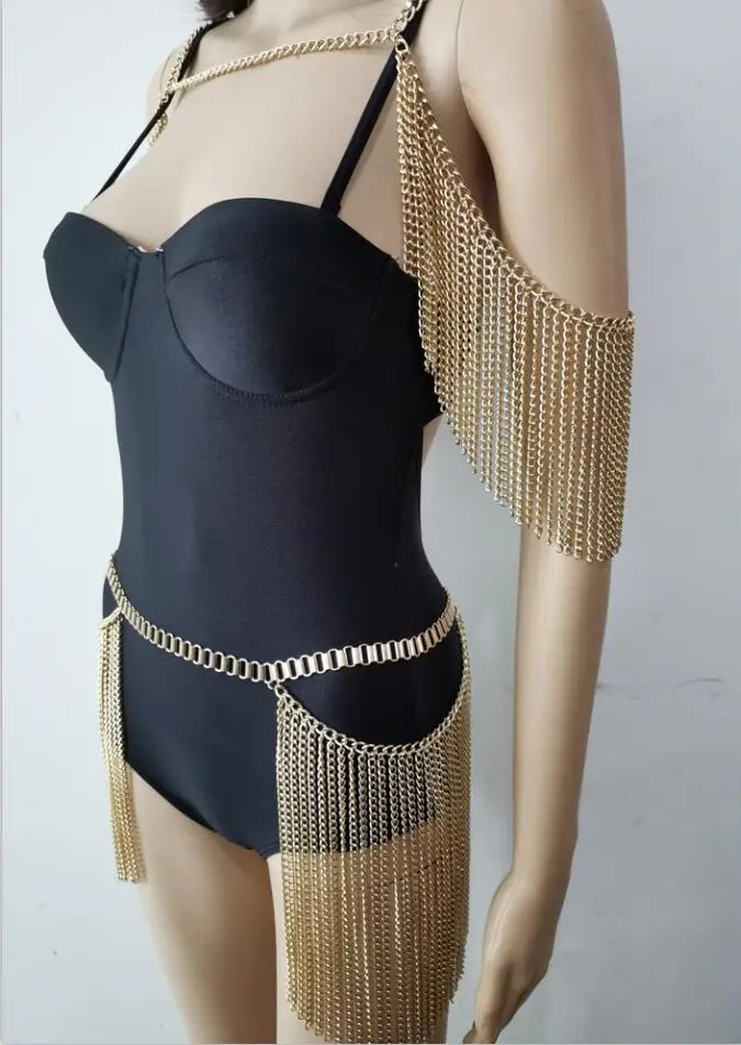 New Fashion Style RJ01 Gold Chains Body Bra Neck Shoulder Top & Waist Belly Chains Jewelry Set