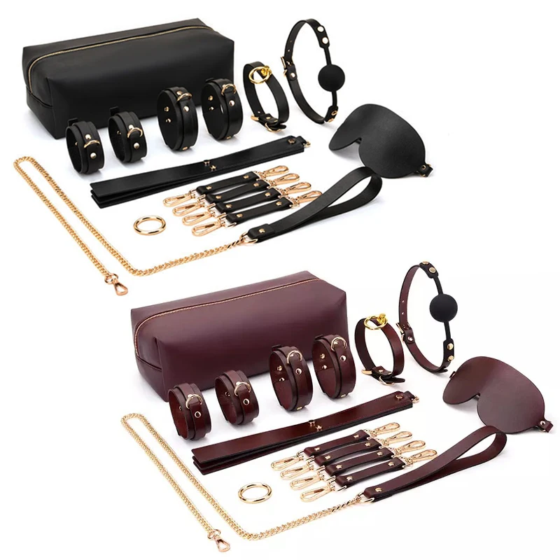 Top Quality Genuine Leather BDSM Kit Bondage Gear Set Erotic Handcuffs Open Mouth Gag Collar Leash Whip Mask 18 Sex Shop Toys