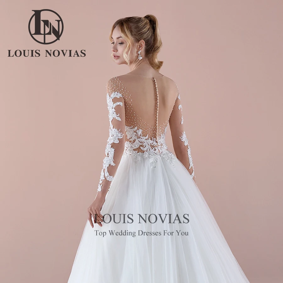 

LOUIS NOVIAS Long Sleeve Wedding Dresses For Woman High Quality Crystal Appliques Wedding Gown Backless A-Line Vestidos De Novia