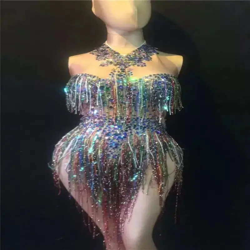 Body de diamantes de imitación con flecos de colores para mujer, traje de baile de escenario, baile de club nocturno, leotardo brillante para espectáculo de cantante femenino