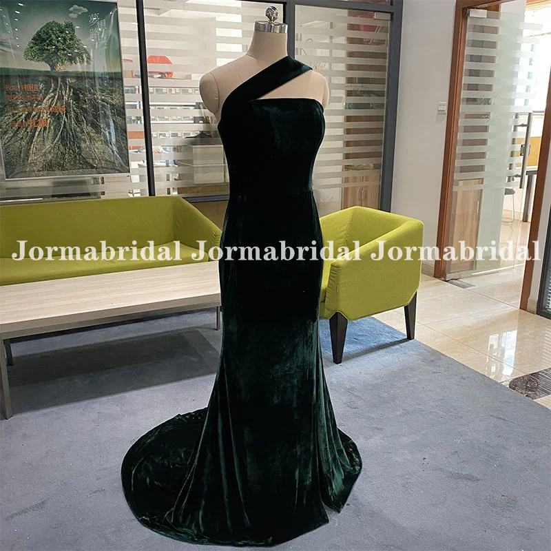 Verde escuro sereia veludo vestidos de dama de honra simples um ombro altura fenda casamento vestidos de festa robe de soirée noiva empregada vestido