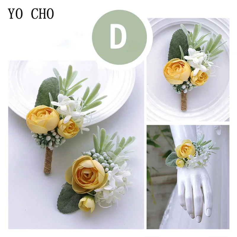 Zijde Rozen Corsage Pin Boutonniere Knoopsgat Mannen Wedding Armband Bruidsmeisjes Bruiloft Knoopsgat Bruidegom Getuige Polsband Flores