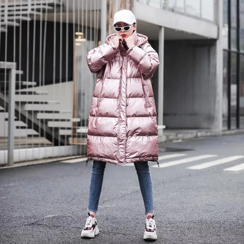 

2021 Fashion Pink Glossy Down Padded Parka Long Winter Warm Jacket Women Thick Hooded Oversized Loose Cotton Coat Female