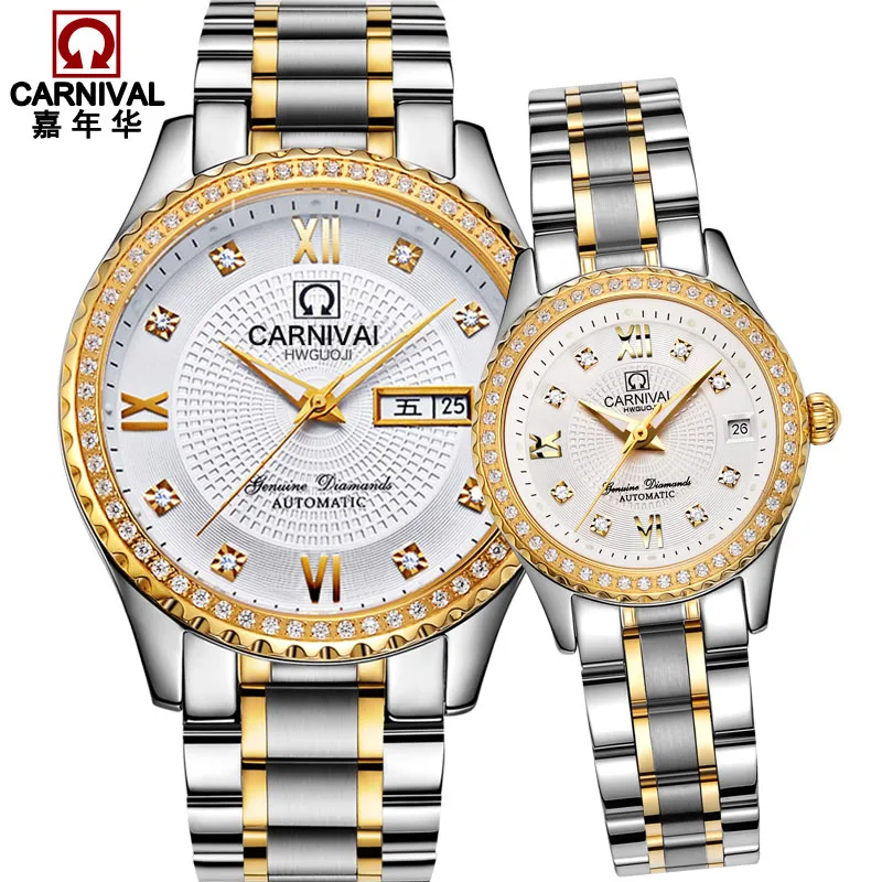 Best Couple Gift CARNIVAL Luxury Couple Watch Automatic Mechanical Watch For Lovers Sapphire Calendar Waterproof Luminous Reloj