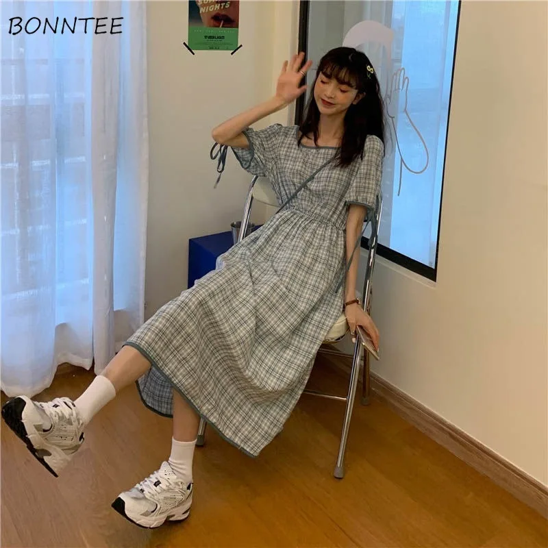 

Dresses Women Vintage All-match Loose Casual Streetwear Short Sleeve Ladies Preppy Style Students Plaid Summer Fashion Ulzzang