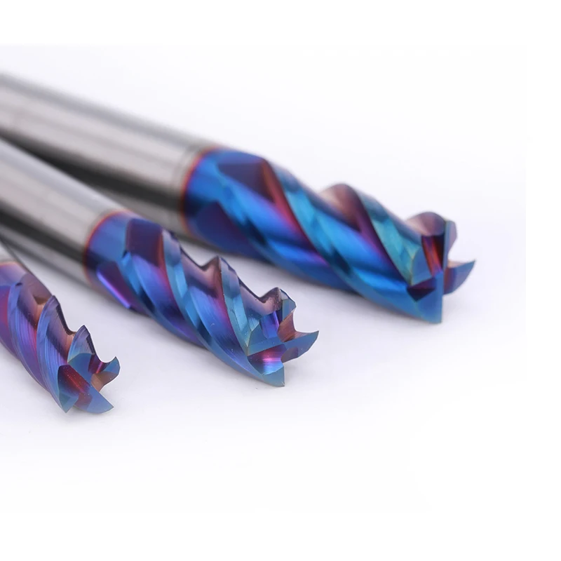 Brocas de extremo plano de acero de tungsteno HRC70, revestimiento azul Nano, Herramientas CNC, cortador de fresado, broca de fresado de carburo