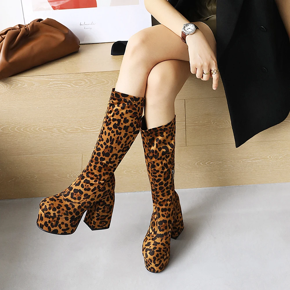 New Super High Thick Heel Leopard Print Short Plush Lining Women\'s Knee-Length Boots High Waterproof Platform Flock Zipper Boots