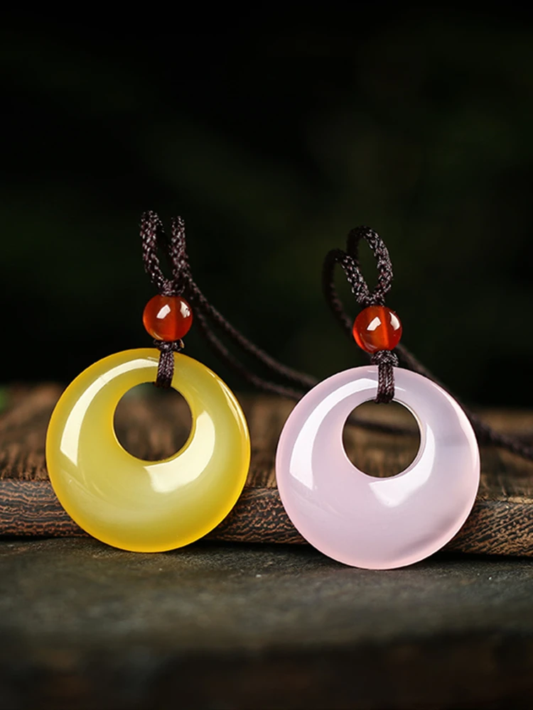 Natural yellow pink Agate Jade Safety Buckle Pendnat  Necklace Carved Charm Jewellery Fashion Amulet for Men Women Lucky Gifts