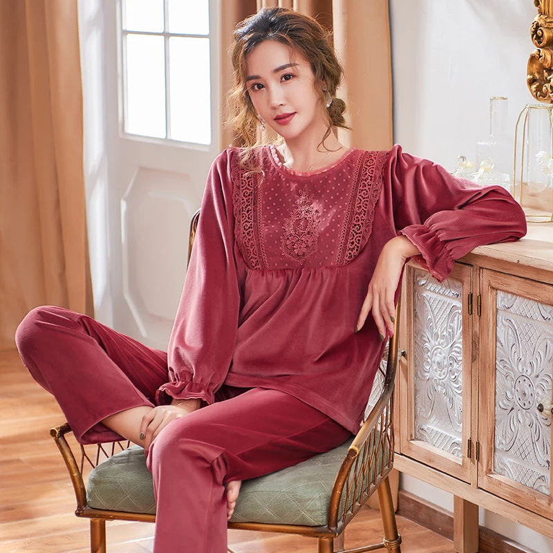 Warm Island Fleece Pajamas Sets Winter Women Elegant Lace Pajama Set Flannel Female Sleepwear Home Clothing Women's Pyjamas Suit