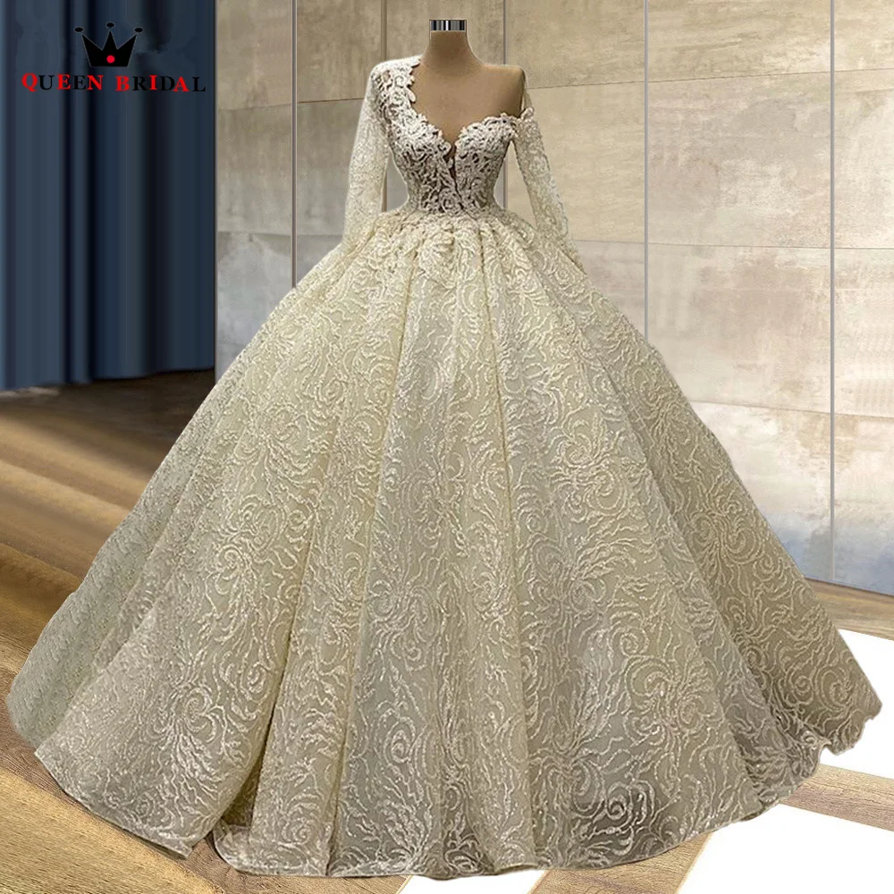 Luxury Ball Gown Wedding Dresses Long Sleeve Crystal Beaded Sequins Vintage Bride Dress Wedding Gowns Custom Made JY05