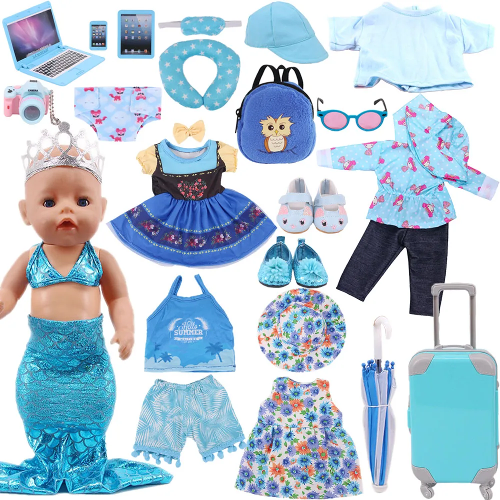 Doll Clothes Blue Series Mermaid Disneey's Princess Dress Fit American 18 Inch Girls 43 Cm New Born Baby Items,Raincoat/Suitcase