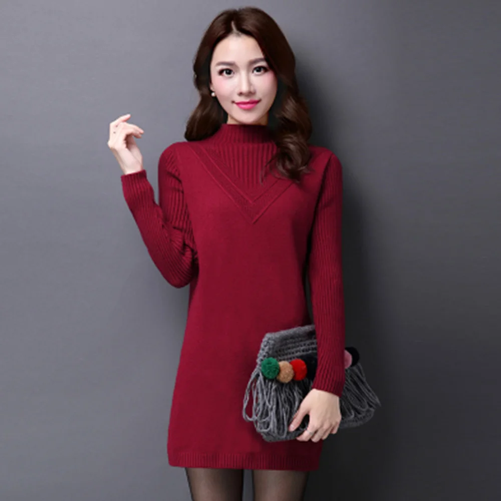 Half High Collar Sweater Dress Women Elegant Long Sleeve Solid Casual Slim Long Sleeve Knitted Elegant Bottoming Dress NS4789