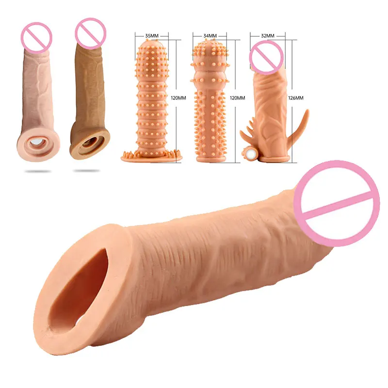 18+ Male Condom Silicone Reusable Penis Sleeve Delayed Ejaculation Chastity Device Cock Ring Adult Sex Toys For Men Bondage Gear