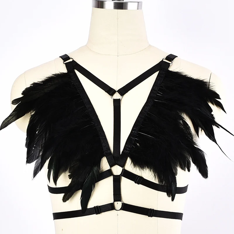 

Wholesale Black Feather Bondage Body Cage Harness Belt Women Sexy Lingerie Bra Feather Punk Body Belt Bra Goth Rave Body Harnes
