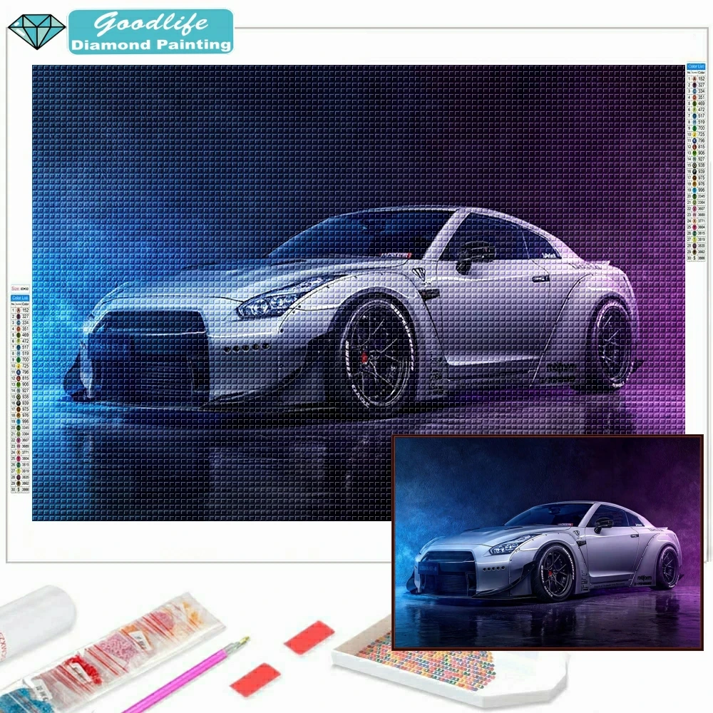 5D DIY Diamond Painting Sport Car Grey Nissan GTR Mosaic Embroidery Full Drill Cross Stitch Art Handicraft Rhinestone Home Decor