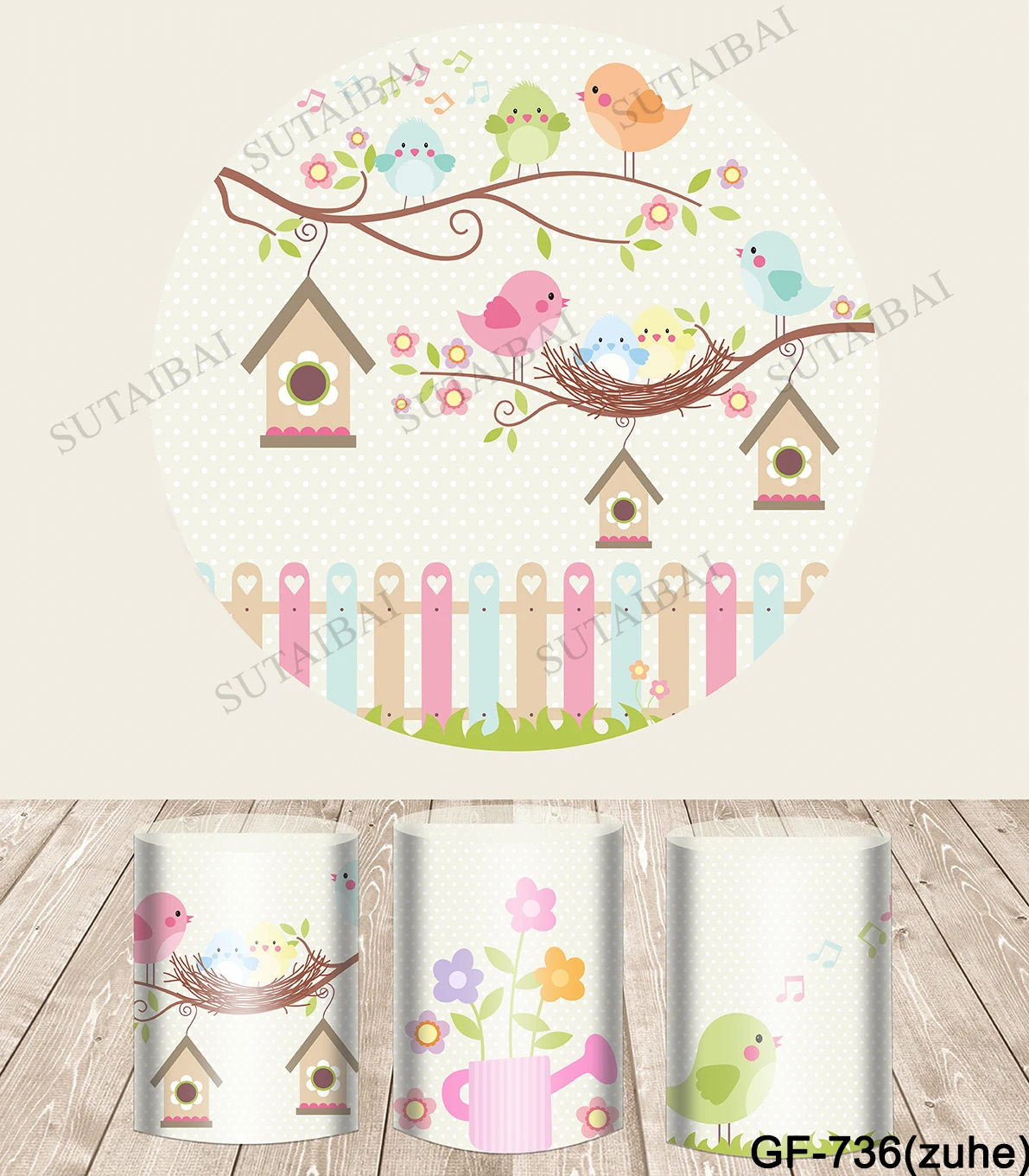 

Spring Birds Backdrop Girl Birthday Party Decoration Round Circle Cylinder Column Covers Fabric Photocall Baby Shower