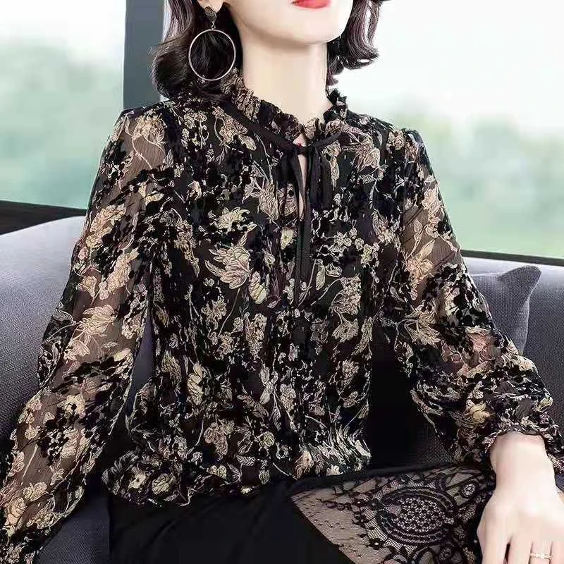 Plus Size 6XL Women Long Sleeves Auyum Chiffon Shirts Femme Elegant Black Chiffon Embroidery Floral Top Slim T Shirt NS4886