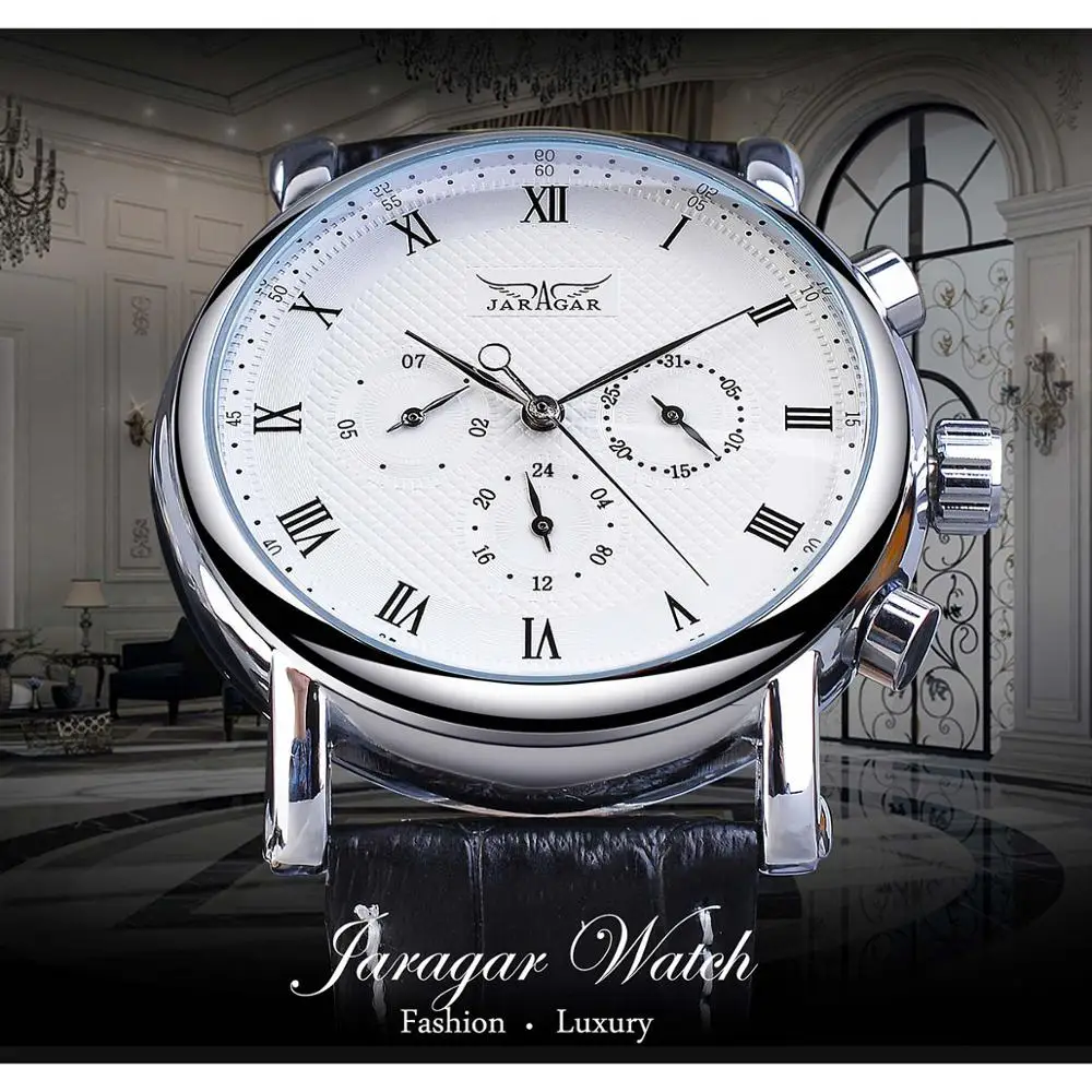 Jaragar marca uomo bianco orologio meccanico minimalismo quadrante data affari sport uomo orologio da polso in vera pelle orologio automatico Relogio