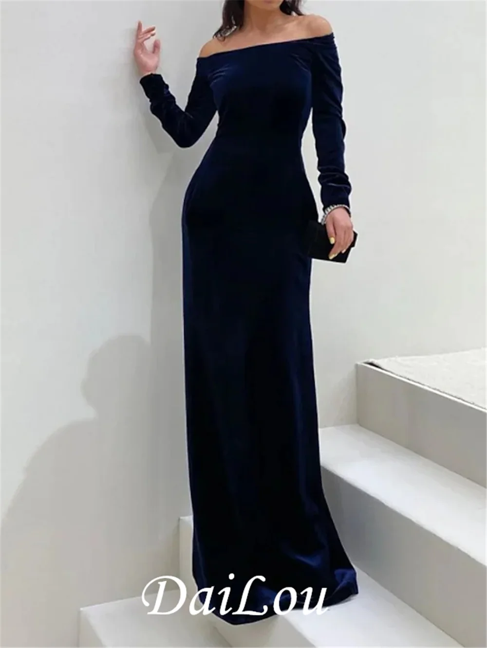 Mantel/Spalte Minimalistischen Elegante Hochzeit Gast Formale Abendkleid Off Schulter Langarm Bodenlangen Samt mit Eleganten