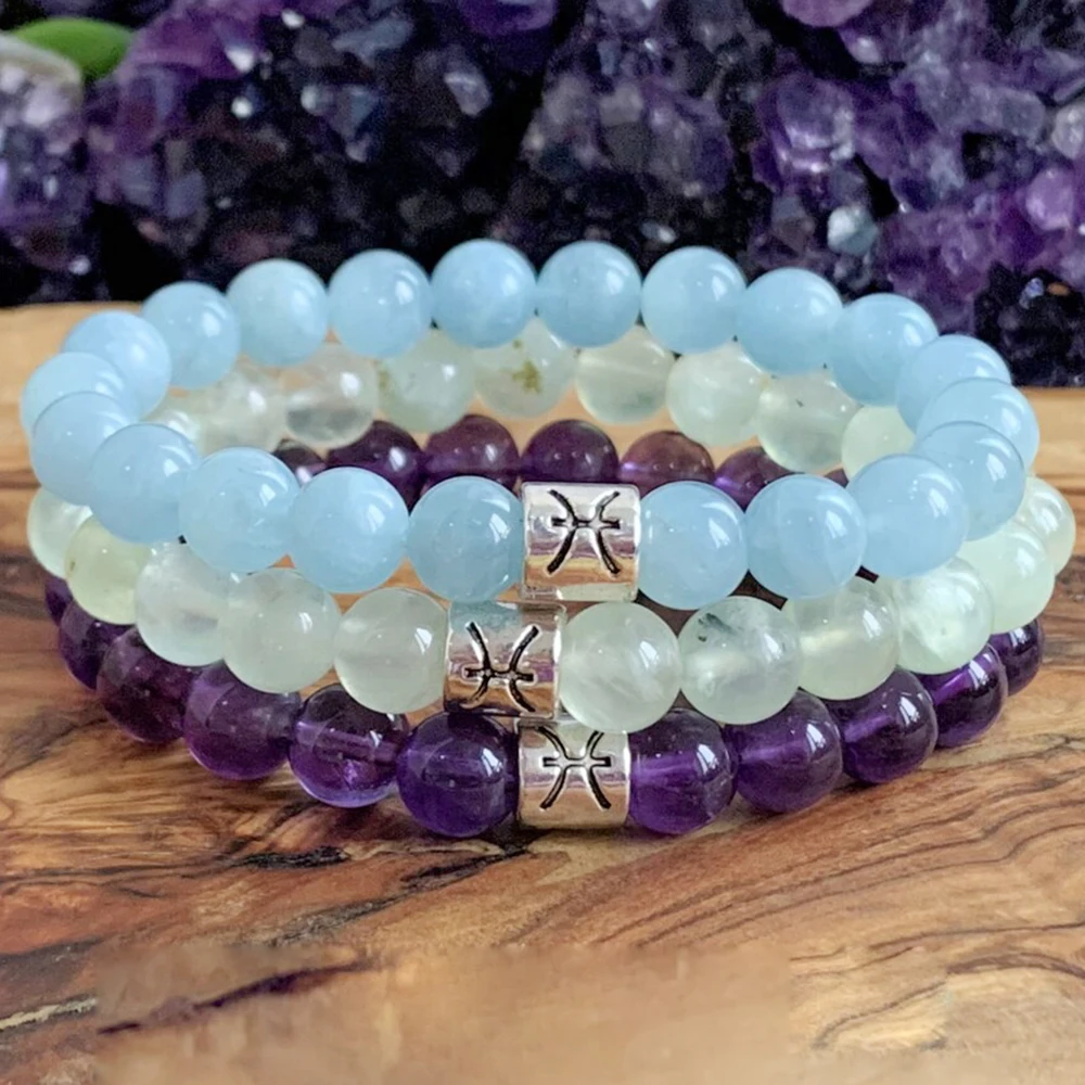 MG1317 On Sale Pisces Zodiac Stack Bracelet Set Women`s Natural AA Prehnite Mala Bracelet Amethyst Aquamarine Wrist Bracelet