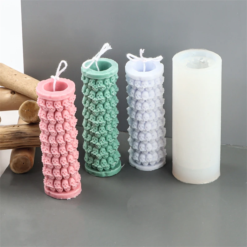 

3D Stereo Halloween Party Decor Tower Silicone Skull Candle Mold Festival DIY Head Bone Shape Column Plaster Soap Ornament Tool
