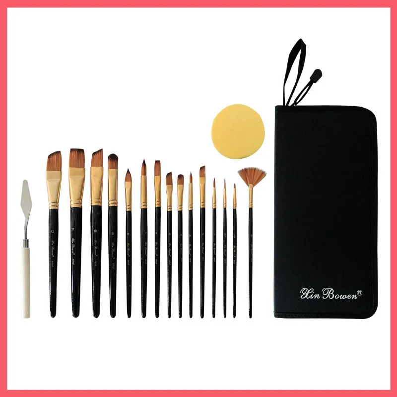 Art Supplies 15Pcs/Set Acrylic、Watercolors And Oil Brushes With Canvas Bag, Sponge, Paint Scraper High Quality Pinceles