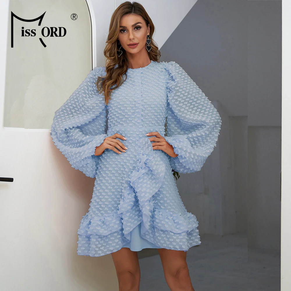 Missord Autumn Solid Ruffles Mini Dress Elegant Women Lantern Long Sleeve O-Neck High Waist A-line Short Wedding Party Dresses