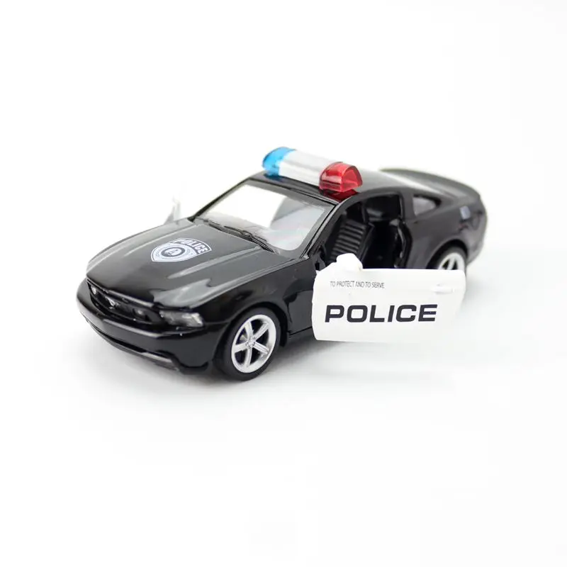 Diecast Metal Toy Car Model 1:43 Scale Ford Mustang GT Police Pull Back Doors Openable Educational Collection Gift Kid Match Box