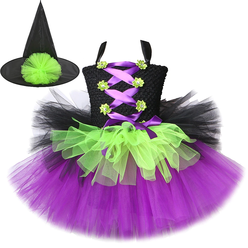 

Witch Hallowen Costume for Girls Witches Tutu Dress with Hat Carnival Cosplay Costumes for Kids Girl Outfit Fluffy Ball Gown