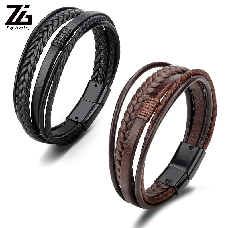 ZG Braided Leather Bracelets for Men in Black and Brown Color Armband Heren with Magnetic Elegent Bangle Male Cool Bracelet