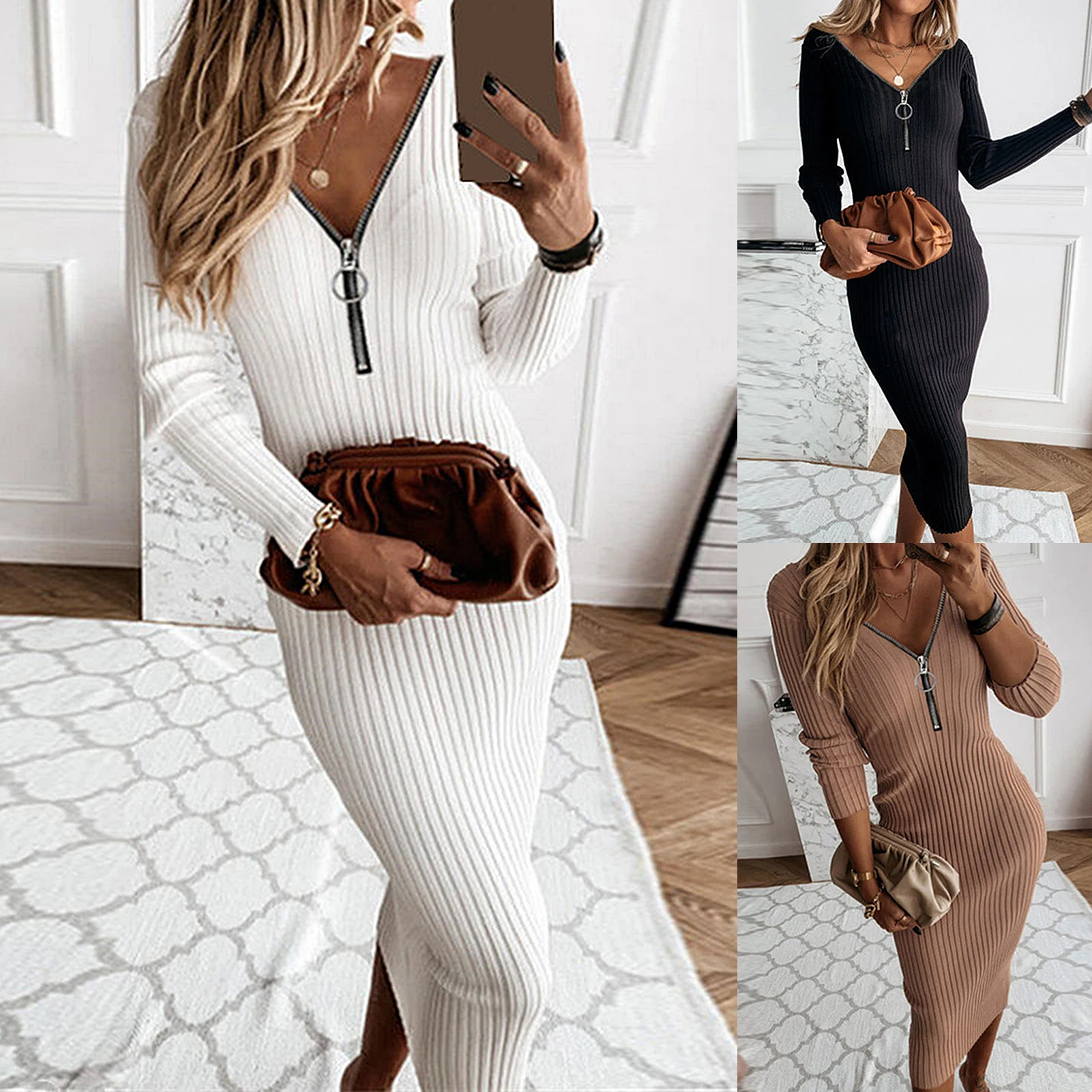 Elegant Dress Women Autumn Sexy Zip V Neck Long Sleeve Backless Slim Ribbed Knit Bodycon Midi Sweater Dress Party