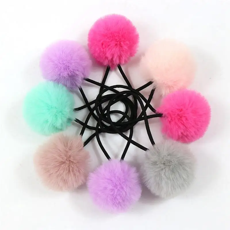 1pc Solid Color Kids Hair Rope Elastic Lovely Plush Pompom Decor Hair Tie Ponytail Holder Hair Accessories For Women Girls