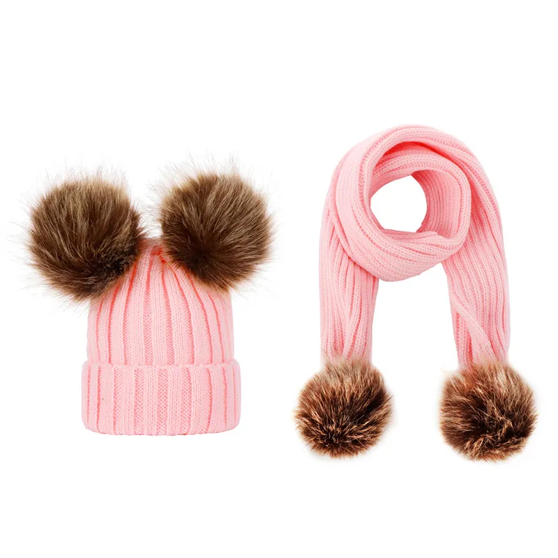 Baby Hat Scarf Set Kids Warm Winter Caps Infant Pompon Hats Scarves Suits Children Natural Fur Ball Caps Knitted Hats Beanies