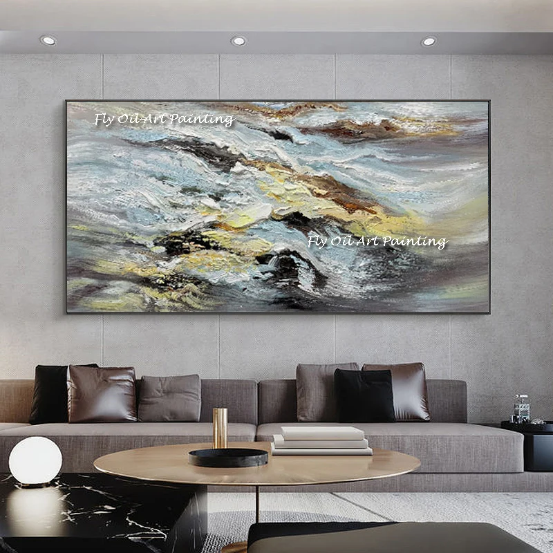 Large Size 100% Handmade Golden Blue Gray Wave Oil Painting For Living Room Abstract Wall Art Living Room Home Decor