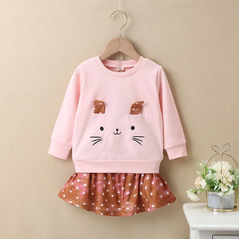 

New Spring Fall Casual Baby Girl Clothes Set 2 Pcs Set Cotton Cute Cartoon Animal Long Sleeve Sweater Tops+dot Print Skirt 0-18M