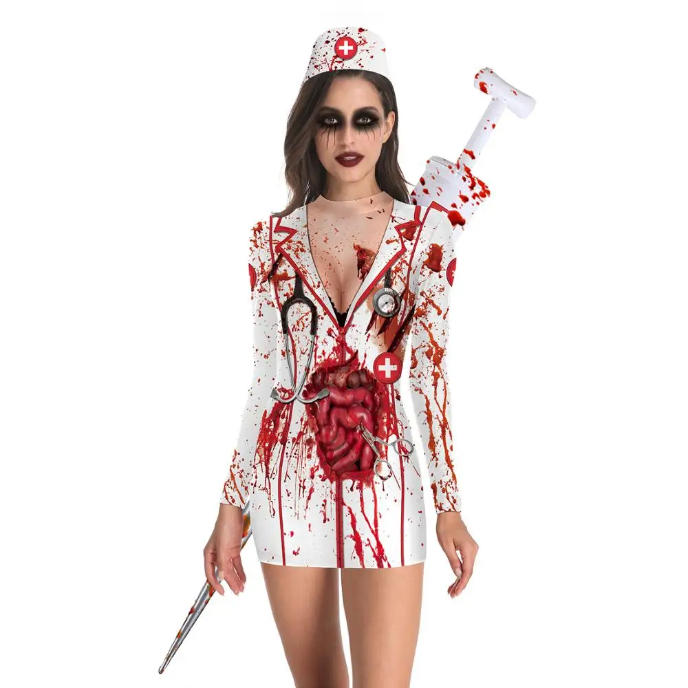 Halloween Nurse Costume Adult Scary Cosplay Dress Sexy Jumpsuit Carnival Party Costumes 3D Print Women Tight Bodysuit Outfit