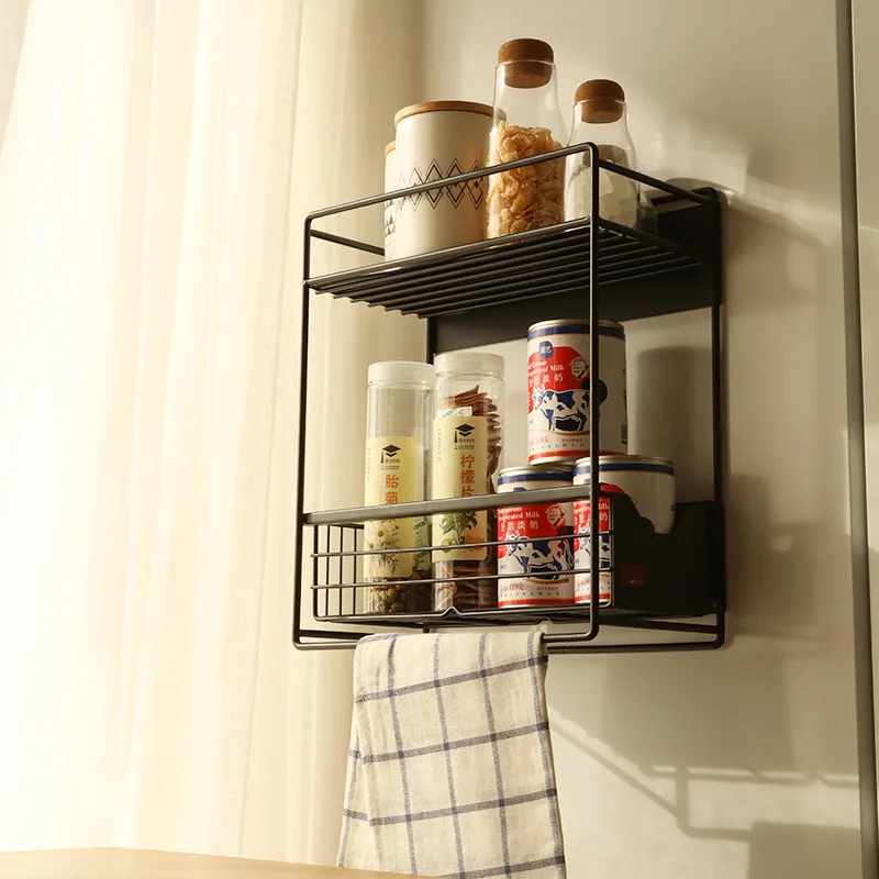 2 Tier Magnetic Spice Rack for Refrigerator Kitchen Side Shelf Storage Olive Oil Sauce Salt Pepper with Sliding Storage Drawer