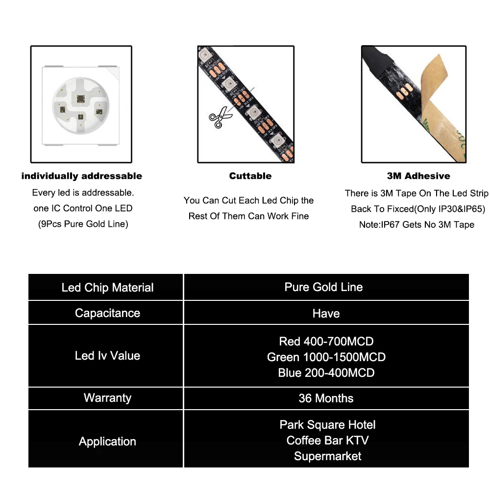 WS2812B WS2812 Led Strip Individually Addressable Smart RGB Led Light 30/60/144Leds Black/White PCB Waterproof IP30/65/67 DC5V