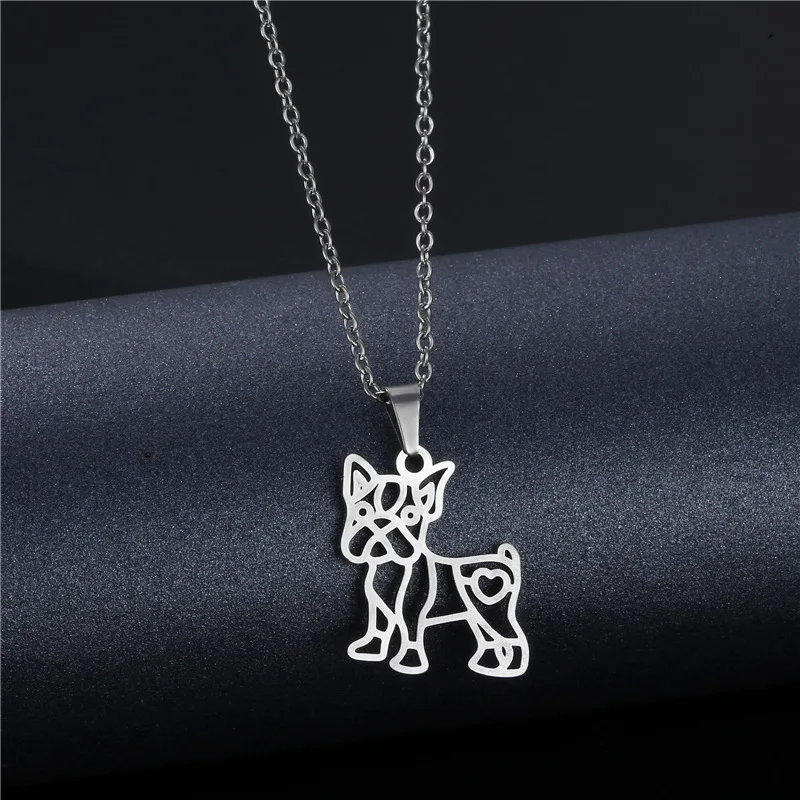 Stainless Steel Hollow French Bulldog Necklace For Kids Girl Kitty Dog Pendant Engagement Party Gift Pet Lover Statement Jewelry