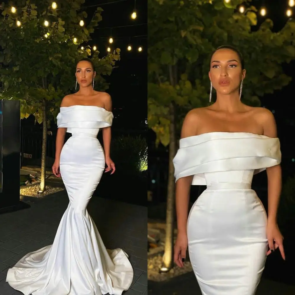 

Simple Mermaid Wedding Dresses Satin Silk Off Shoulder Fish Tail Bridal Gowns Slim Fit Short Sleeve Wedding Dress robes de marié