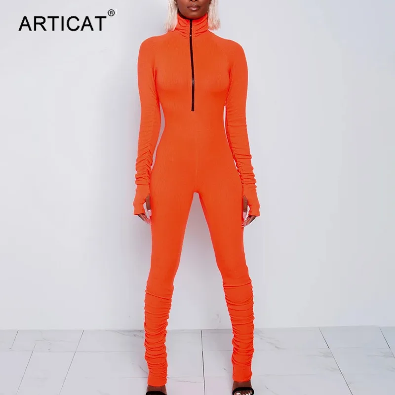 Articat Turtleneck Zipper Skinny Jumpsuit Women Long Sleeve One Piece Neon Orange Bodysuit Female Running Fitness Outfits