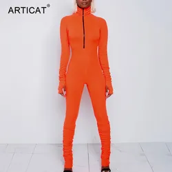 Articat Turtleneck Zipper Skinny Jumpsuit Women Long Sleeve One Piece Neon Orange Bodysuit Female Running Fitness Outfits