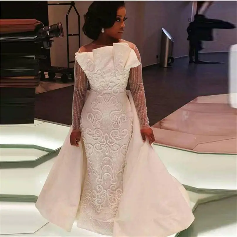 

African Overskirts Wedding Dresses Sheer Neck Illusion Long Sleeves Plus Size Beading Satin Bridal Gowns Vestidos Customed