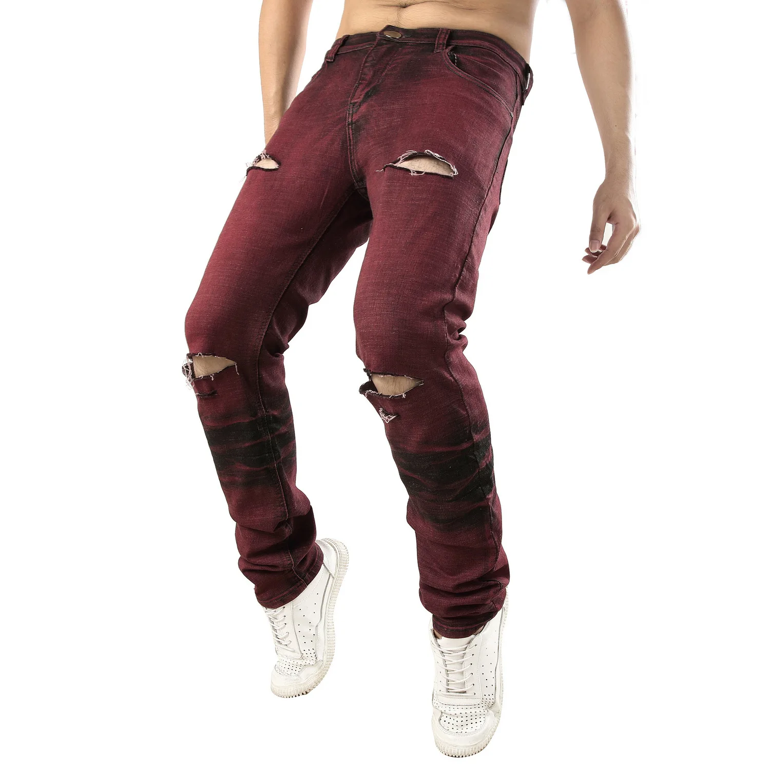 2020 New Men's Slim Stretch Jeans Fashion Biker Hole Ripped Cowboy Trousers Male Brand Red Wine Pants