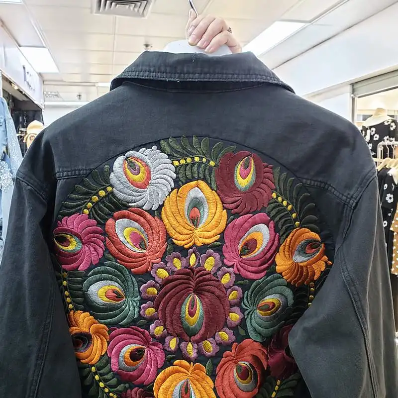 JSXDHK-chaqueta vaquera con bordado Floral para mujer, abrigo Vintage con cuello vuelto, ropa de calle informal holgada, prendas de vestir de