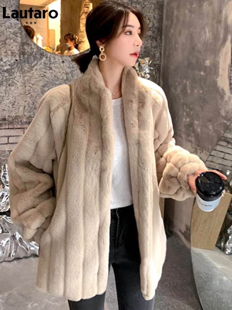 Lautaro Winter Warm Soft Thick Faux Fur Coat Women with Vertical Stripes Raglan Long Sleeve Casual Stylish Fluffy Jacket 2022